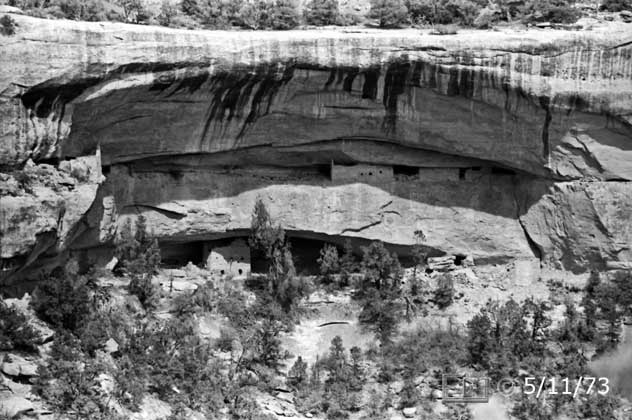 B/W photo: Close view of two tier cliff dwelling - Embedded text: 5/11/73