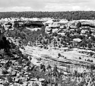 B/W photo: Distant view of Cliff House ruins in their environment - Embedded text: 5/11/73