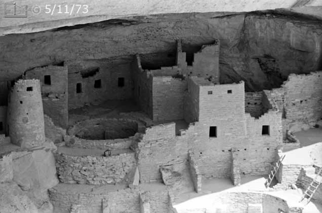 B/W photo: Zoomed-in close view of ruins, right-center - Embedded text: 5/11/73