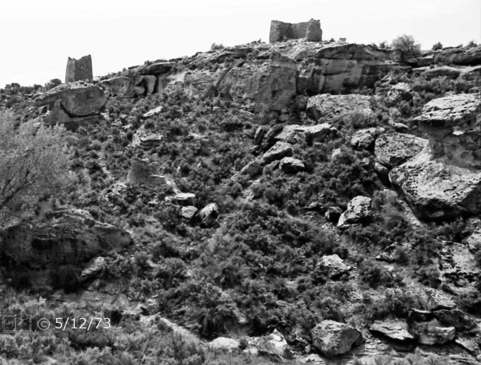 B/W photo: Two ruins on hilltop and one on hillside - Embedded text: 5/12/73