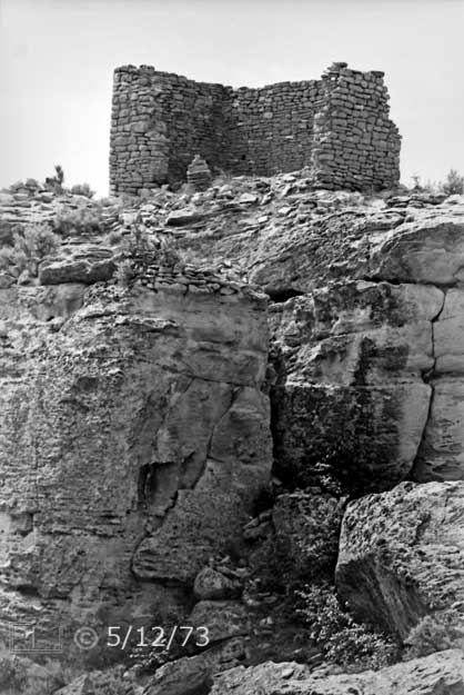 B/W photo: Zoomed-in close view of ruin on hilltop, right - Embedded text: 5/11/73