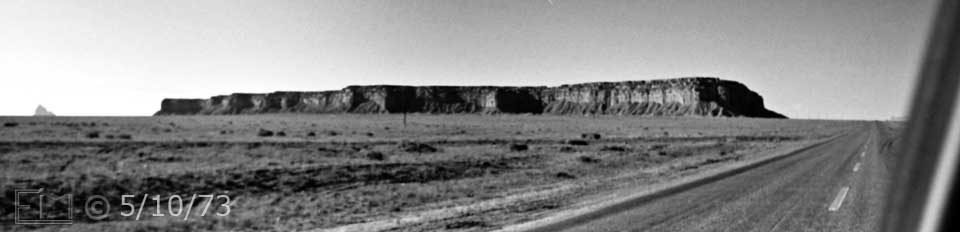 B/W photo: A mesa viewed from a car on adjacent highway - Embedded text: 5/10/73