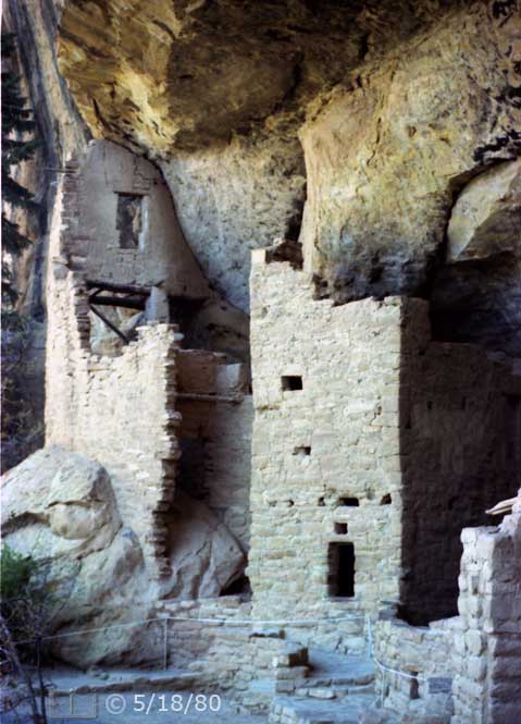 Color photo: Oblique portrait view of cliff dwelling ruins - Embedded text: 5/18/80