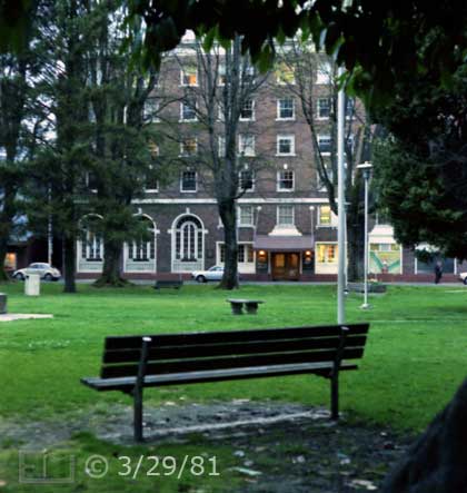 Color photo: Park bench, green lawn and 5 story building on other side of distant street - Embedded text: 3/29/81