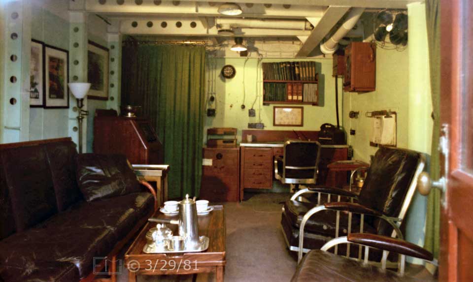 Color photo: View of Captain's Wardroom from its entrance - Embedded text: 3/29/81