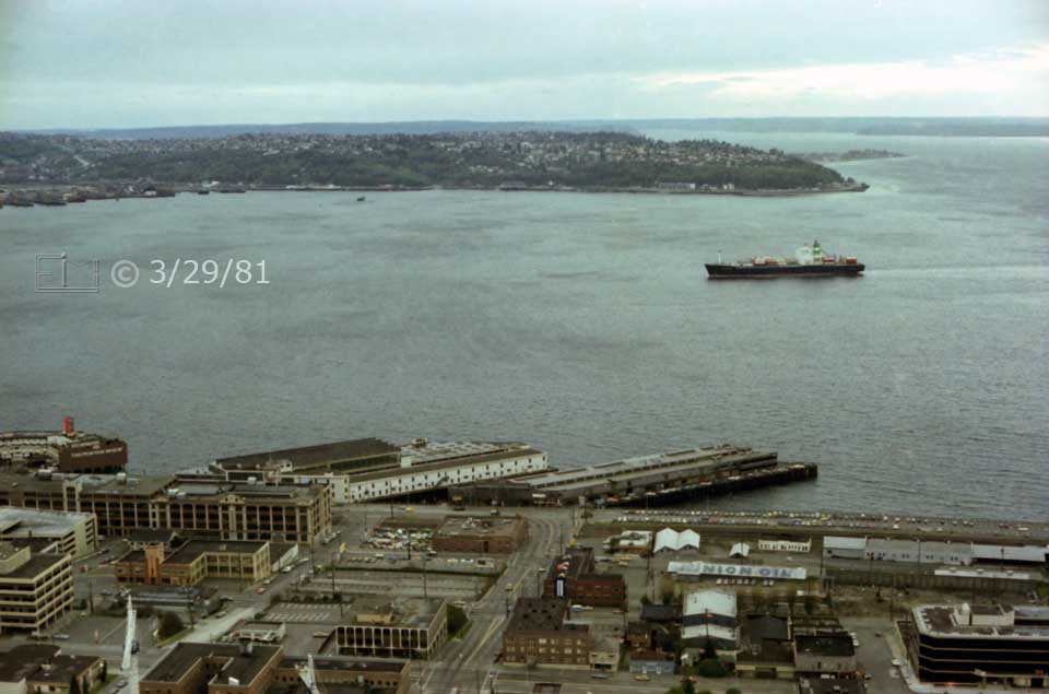 Color photo: View to the South-West + from atop Space Needle - Embedded text: 3/29/81