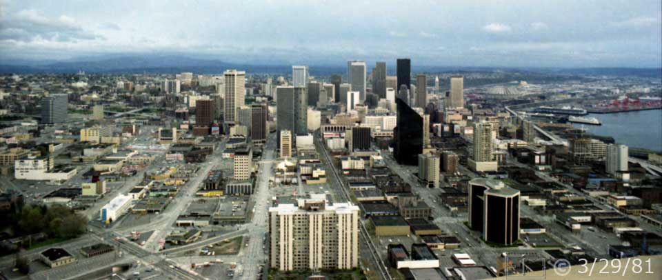 Color photo: View to the South-East from atop the Space Needle - Embedded text: 3/29/81
