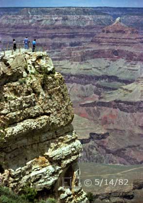 Color photo: Portrait view of spectator overlook with Grand Canyon and Temple of Isis in background - Embedded text: 5/14/82