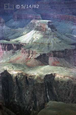Color photo: Portrait view of Cheops Pyramid with plateau and canyon wall in foreground - Embedded text: 5/14/82