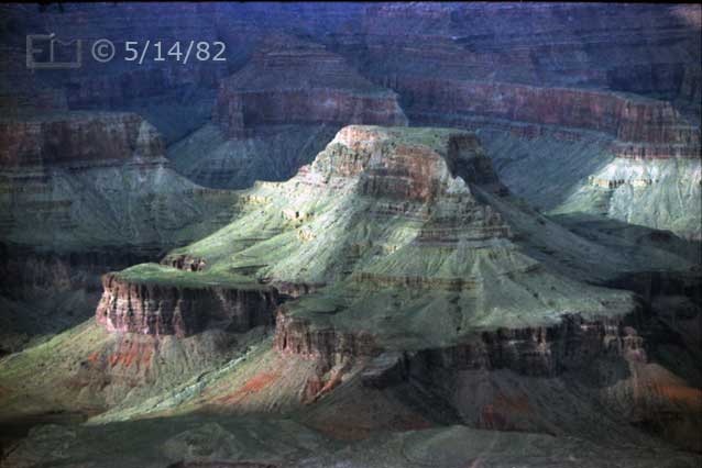 Color photo: Telephoto, dappled lighted view of Cheops Pyramid - Embedded text: 5/14/82
