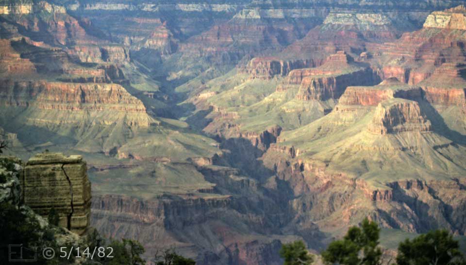 Color photo:  Landscape view of Bright Angel Canyon, Sumner Butte and other Grand Canyon rock formations - Embedded text: 5/14/82