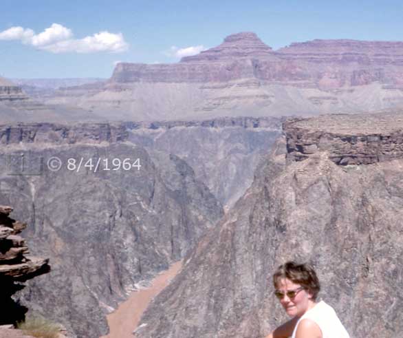 Color photo: The Colorado River viewed from Plateau Point which is more than 3,000 feet below the canyon's rim - Embedded text: 8/4/64