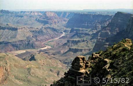 Color photo:  Landscape view of Colorado River and its Grand Canyon surroundings - Embedded text: 5/15/82