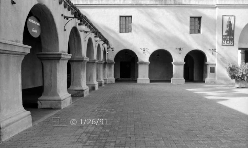 B/W photo: View of south and west sides of Plaza de California; looking west - Embedded text: 1/26/91