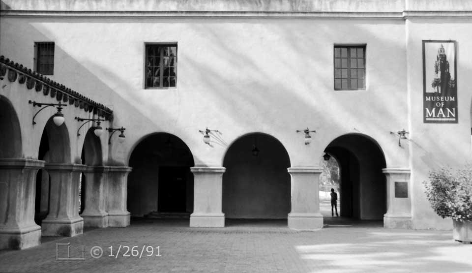 B/W photo: View of south and west sides of Plaza de California; looking west - Embedded text: 1/26/91
