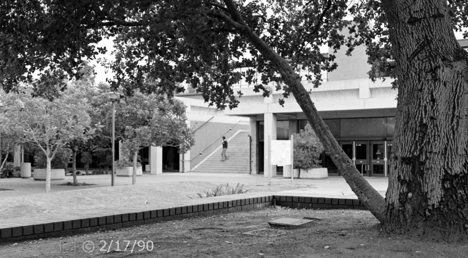 B/W photo: Front of 'D' building framing stair-way to 'A' building - Embedded text: 2/17/90