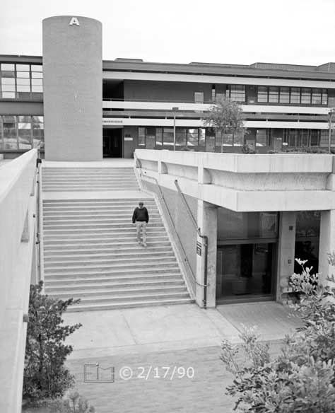 B/W photo: Stair-way ascending to 'A' building level - Embedded text: 2/17/90