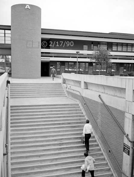 B/W photo: Stair-way ascending to 'A' building level - Embedded text: 2/17/90