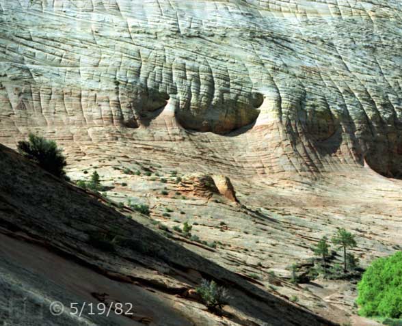Color photo: View of checkerboard rock formation of cliffside - Embedded text: 5/19/82