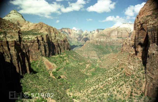 Color photo: Wide view of Pine Creek / Zion canyon from Canyon Overlook  - Embedded text: 5/19/82