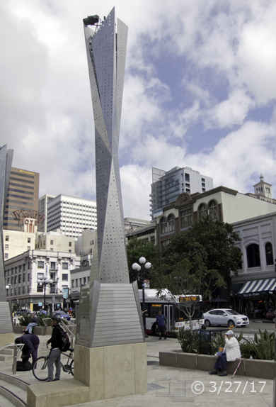 Color photo: View of a Horton Plaza spire and its surroundings - Embedded text: 5/19/82