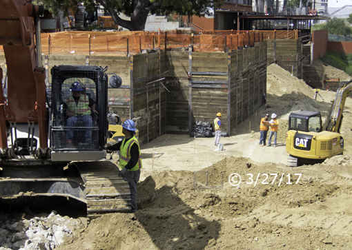 Color photo: Major construction/landscaping underway at City College, viewed from L building - Embedded text: 3/27/17