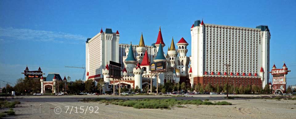 Color photo: Desert in foreground of Tropicana Ave and Excalibur hotel/casino  - Embedded text: 7/15/92