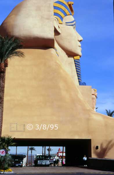 Color photo: Side view of large iconic statue at 'Luxor' hotel/casino - Embedded text: 3/8/95