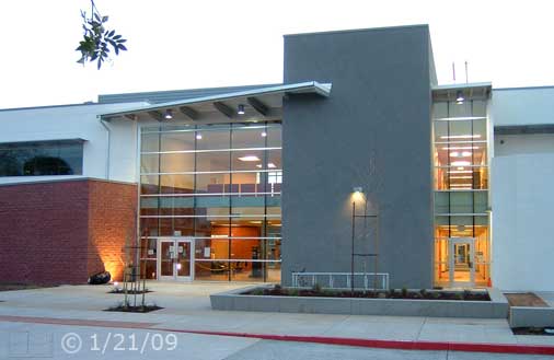 Color photo: East entrance of new West City Campus building - Embedded text: 1/21/09