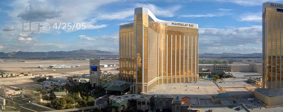 DSC color photo: Photomerged view of Mandalay Bay Hotel/Casino from Luxor Hotel - Embedded text: 4/25/05