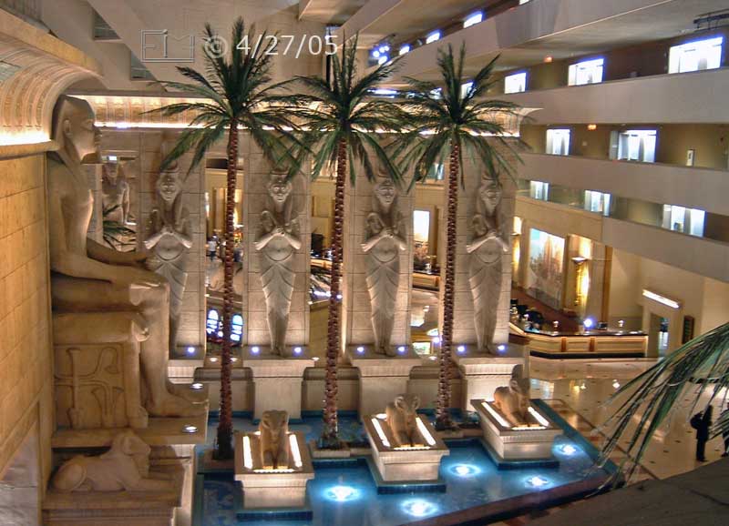 DSC color photo: Elevated, interior view of Luxor's entrance and check-in desk - Embedded text: 4/27/05