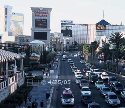 Film color photo: View of Las Vegas Blvd looking north, from pedestrian overpass - Embedded text: 4/25/05
