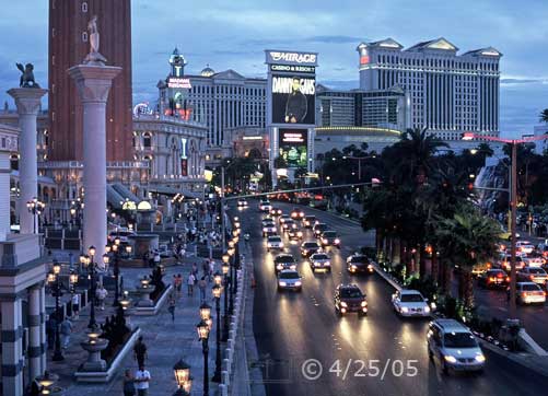 Film color photo: View of Las Vegas Blvd looking north, from pedestrian overpass - Embedded text: 4/25/05