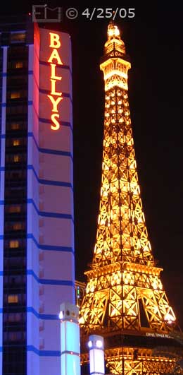 DSC color photo: Nighttime view of Bally's and Paris's signage - Embedded text: 4/25/05