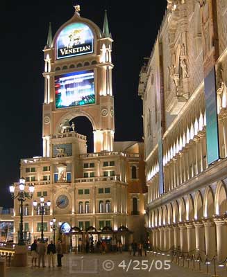 Dsc color photo: Entrance of Venetian Casino at night  - Embedded text: 4/25/05
