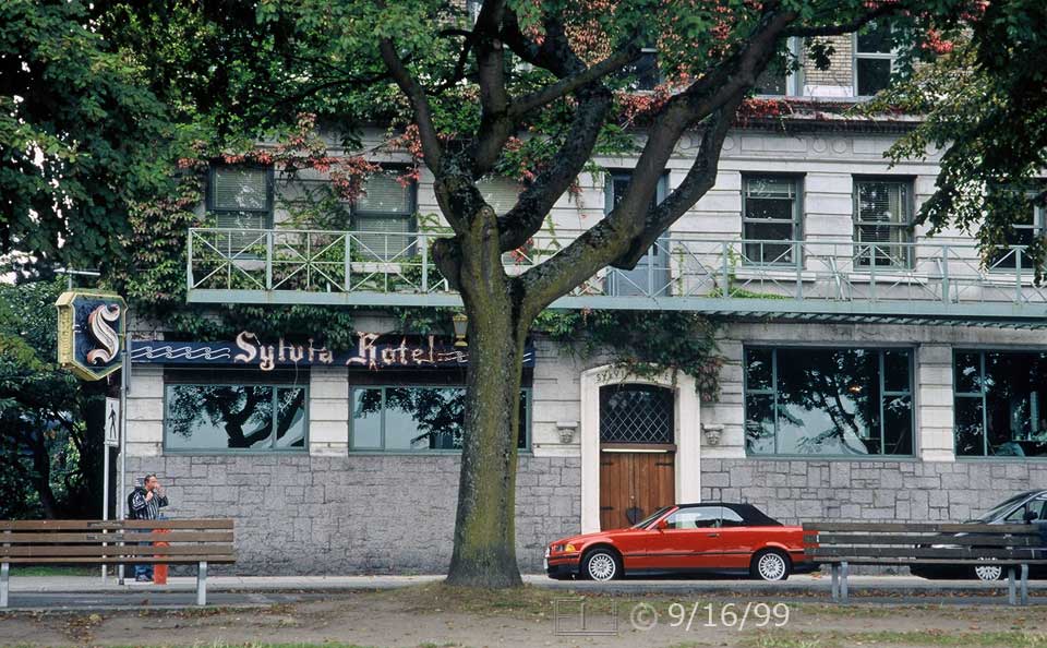 Color photo: Beach Ave. view of Sylvia Hotel  - Embedded text:9/16/99