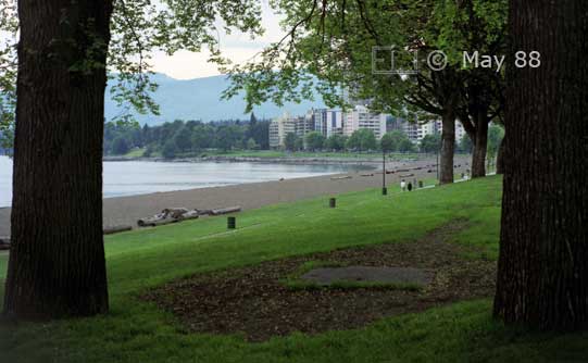 Color photo: English Bay Beach viewed from English Bay Beach Park - Embedded text: May 1988
