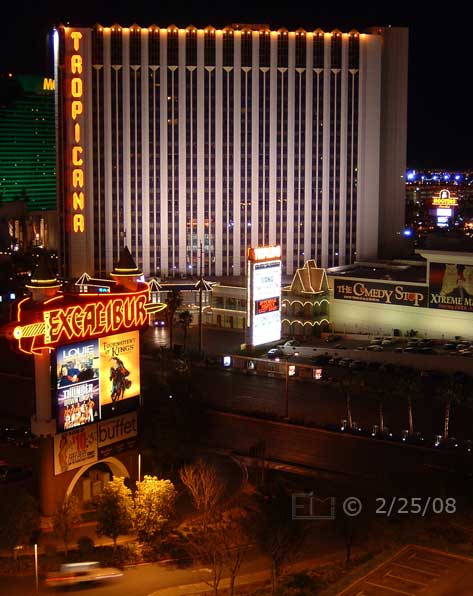 DSC color photo: Nighttime view of Tropicana Casino from Excalibur room #712- Embedded text: 2/25/08