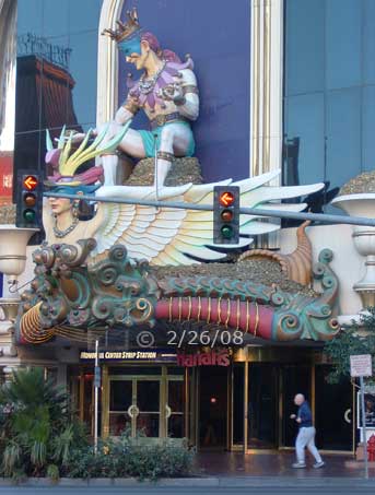 DSC color photo: Gaudy frontage of Harrah's viewed fron across street - Embedded text: 2/26/08