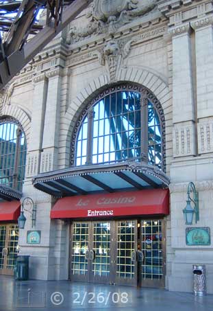 DSC color photo: Entrance of Paris Casino/Hotel - Embedded text: 2/26/08