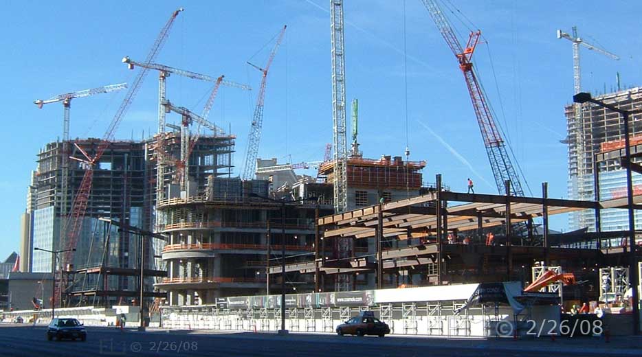 DSC color photo: Construction site(s) viewed from across Las Vegas Blvd; looking south - Embedded text: 2/26/08