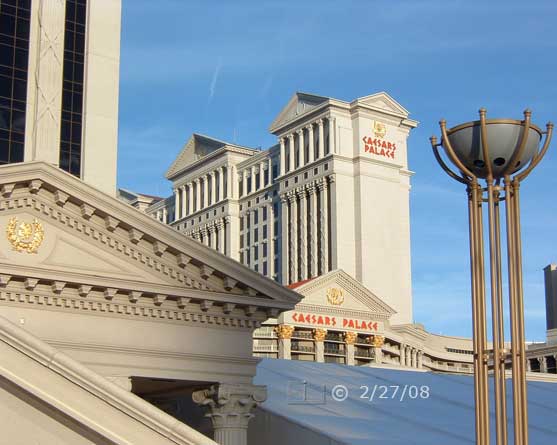 DSC color photo: Buildings of Caesar's Palace in early morning light  - Embedded text: 2/27/08