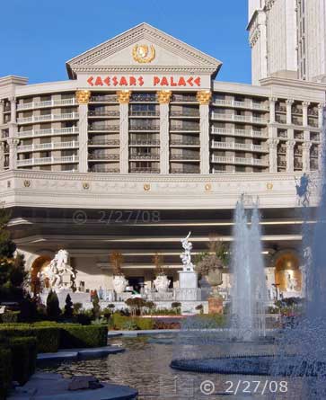 Dsc color photo: Water works and statuary in front of Caesars Palace building  - Embedded text: 2/27/08