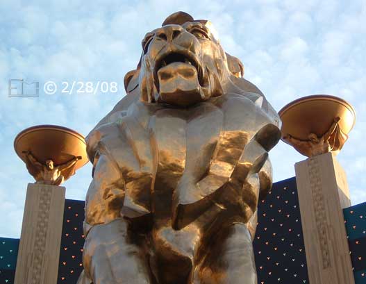 DSC color photo: Street level view, looking up, at the MGM Lion  - Embedded text: 2/28/08