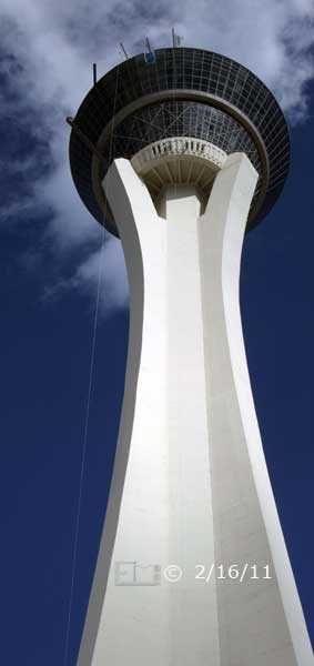 DSC color photo: Upward looking view of Stratosphere Tower - Embedded text: 2/16/11