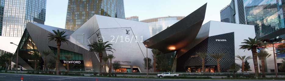 DSC color photo: New, completed construction south of Harmon Ave, wide view from across Las Vegas Blvd. (Where are the rectangles?)- Embedded text: 2/16/11