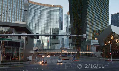 DSC color photo: New, completed construction north of Monte Carlo, viewed from across Las Vegas Blvd - Embedded text: 2/16/11