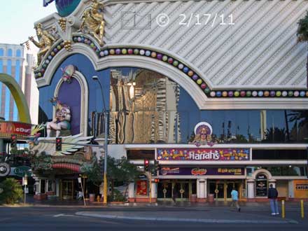 DSC color photo: Across Las Vegas Blvd view of Harrahs Casino - Embedded text: 2/17/11