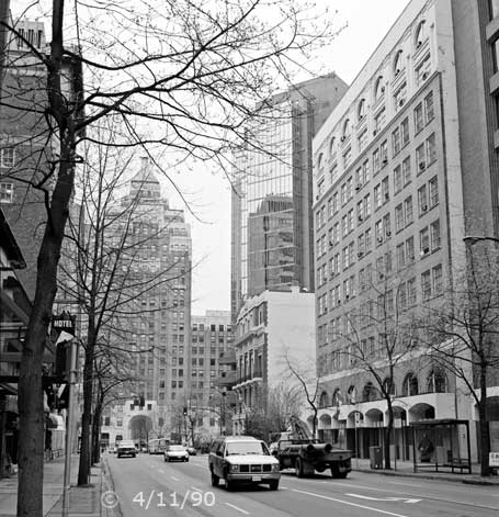 B/W photo: A Vancouver/West Hastings St. street scene - Embedded text: 4/11/90