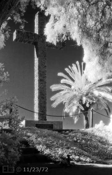 B/W infrared photo: Serra Cross - Embedded text: 11/23/72